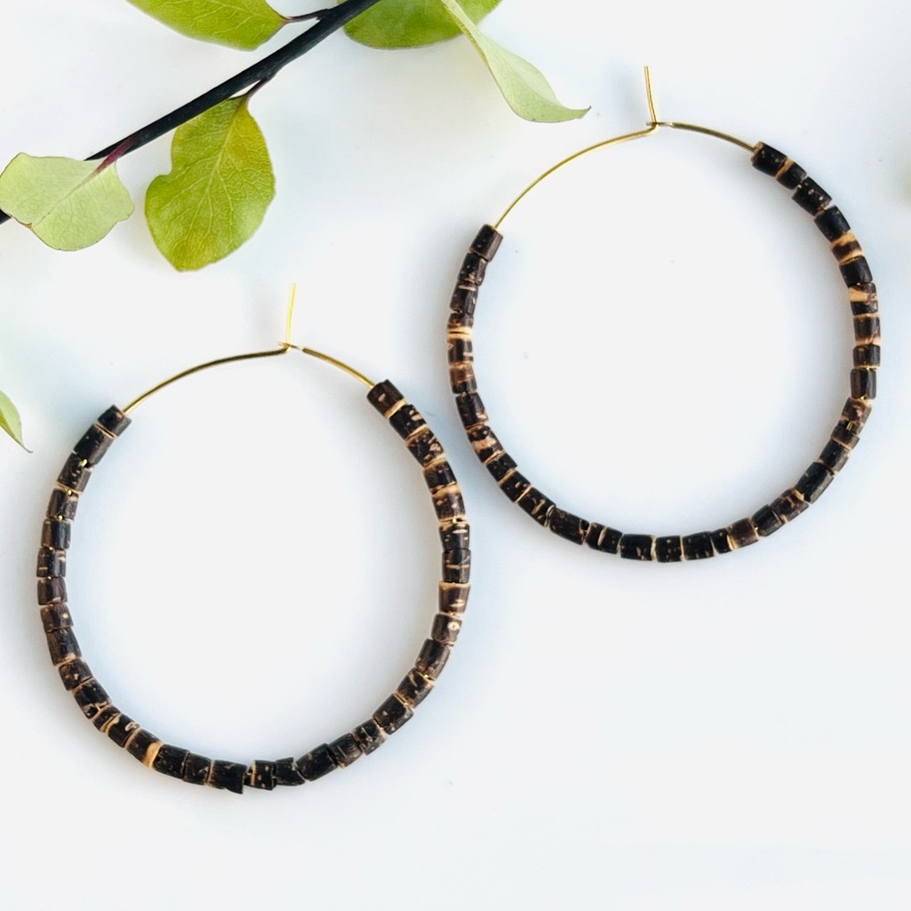 14kGF thin ear wires with dark brown coconut shell beads